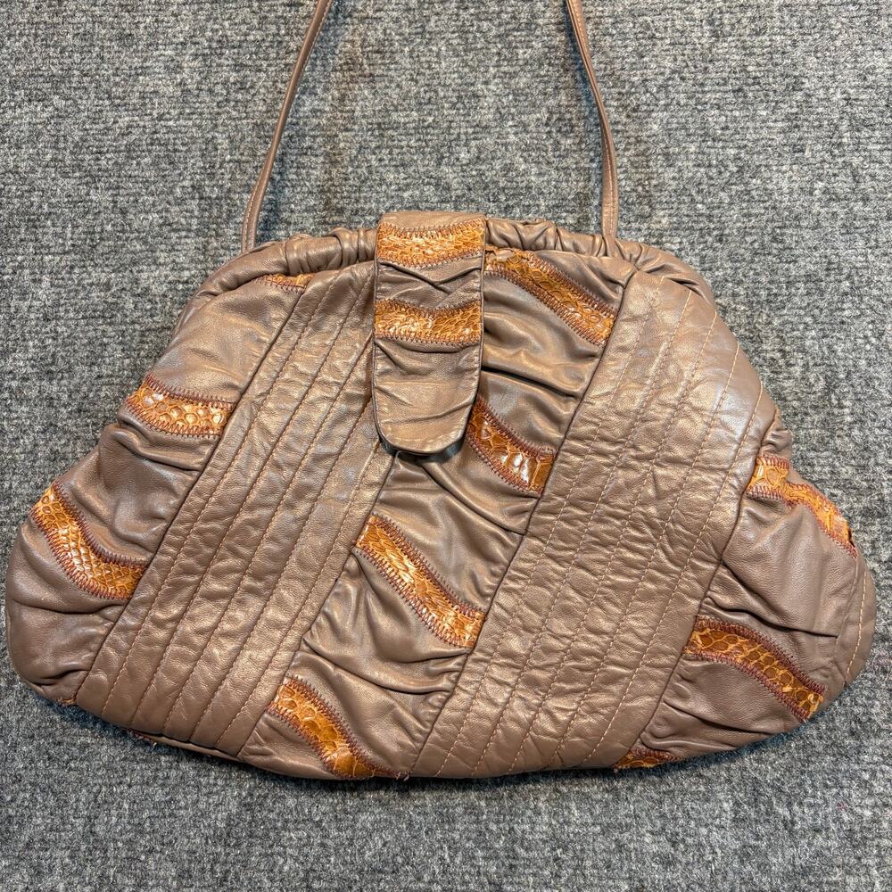 Vintage 80s Seven Handbag Dimitri Brown Patchwork Snakeskin Leather Purse Clutch